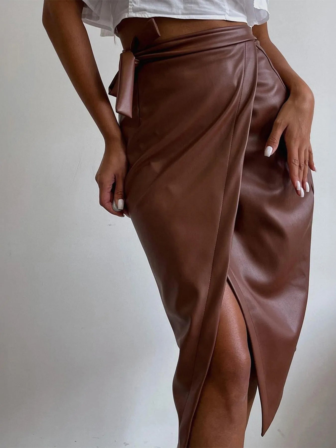 Slit Leather Midi Skirt