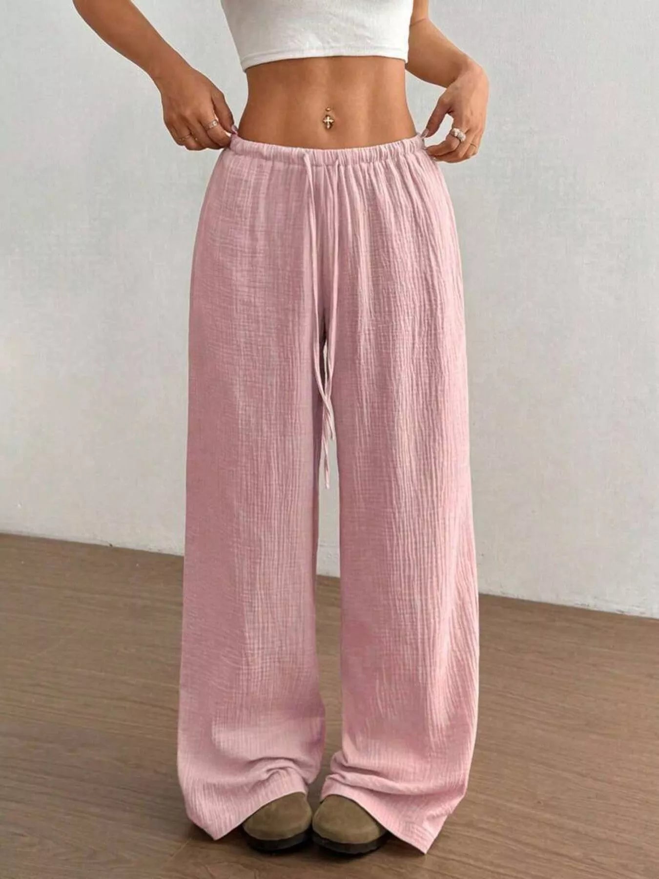 Full Size Drawstring Wide Leg Pants Plus Size Pink
