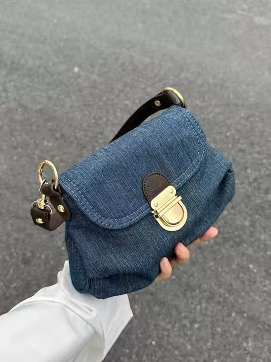 Denim Flap Shoulder Bag with Golden Clasp Blue One Size