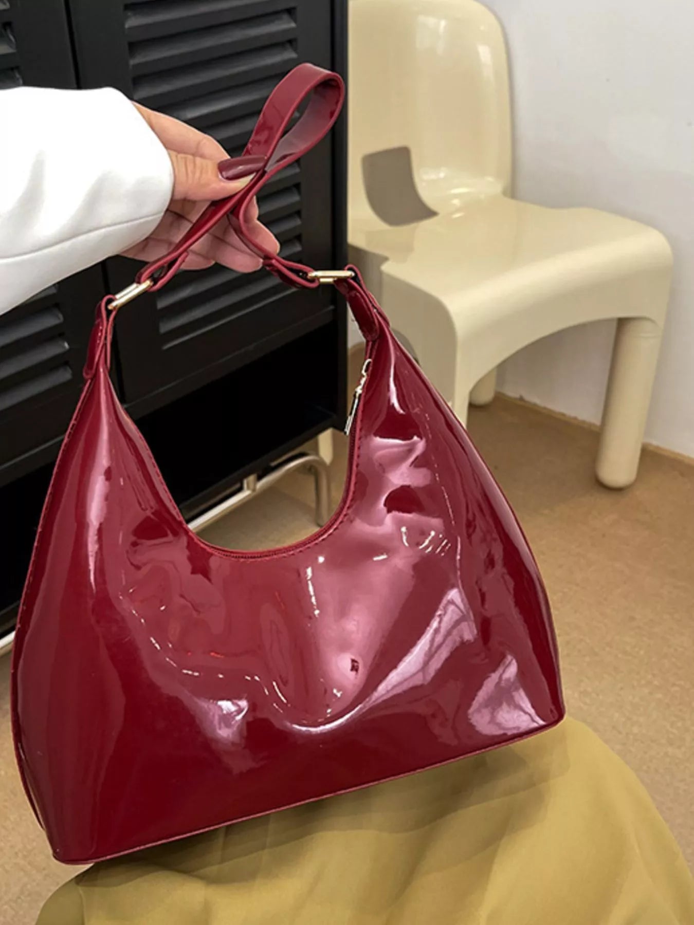 Solid Color Leather Shoulder Bag Red onesize