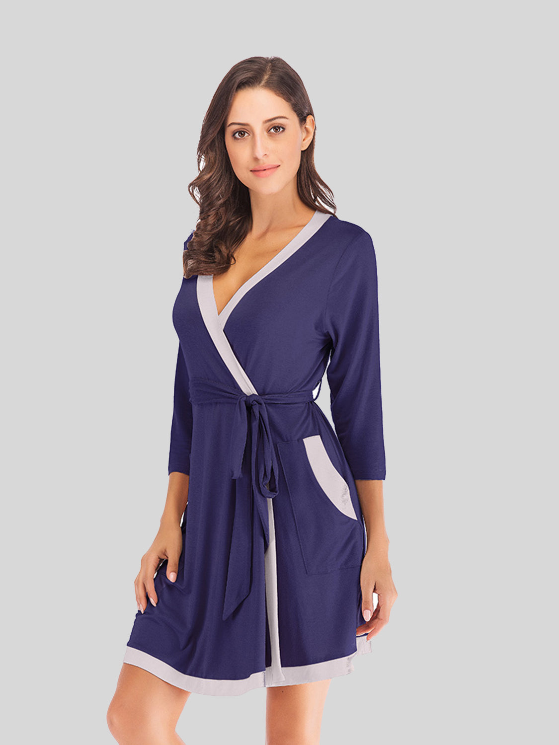 Tie Waist Surplice Neck Robe with Pockets Navy
