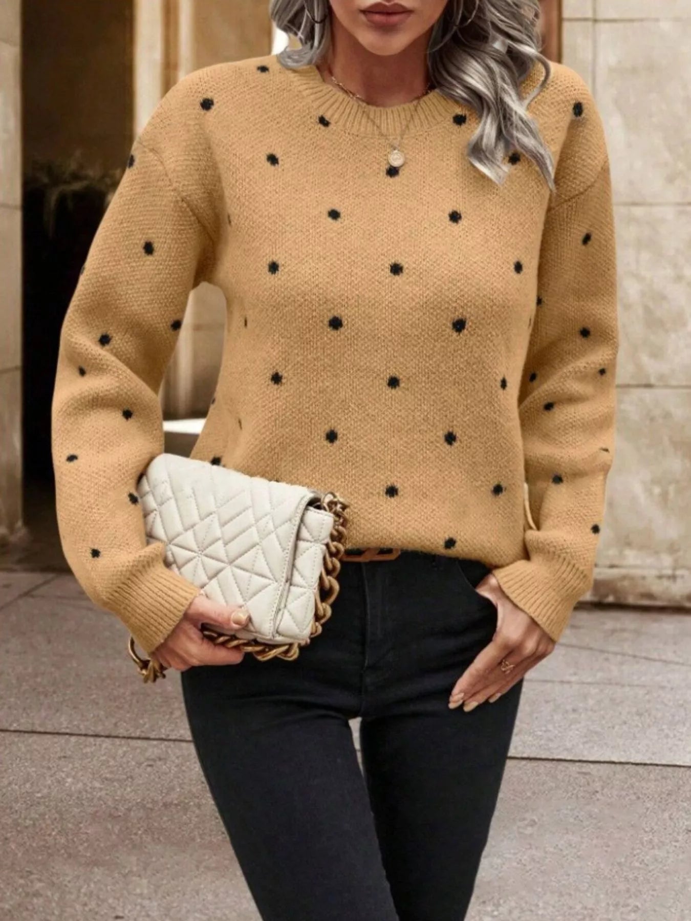 Polka Dot Round Neck Sweater Tan