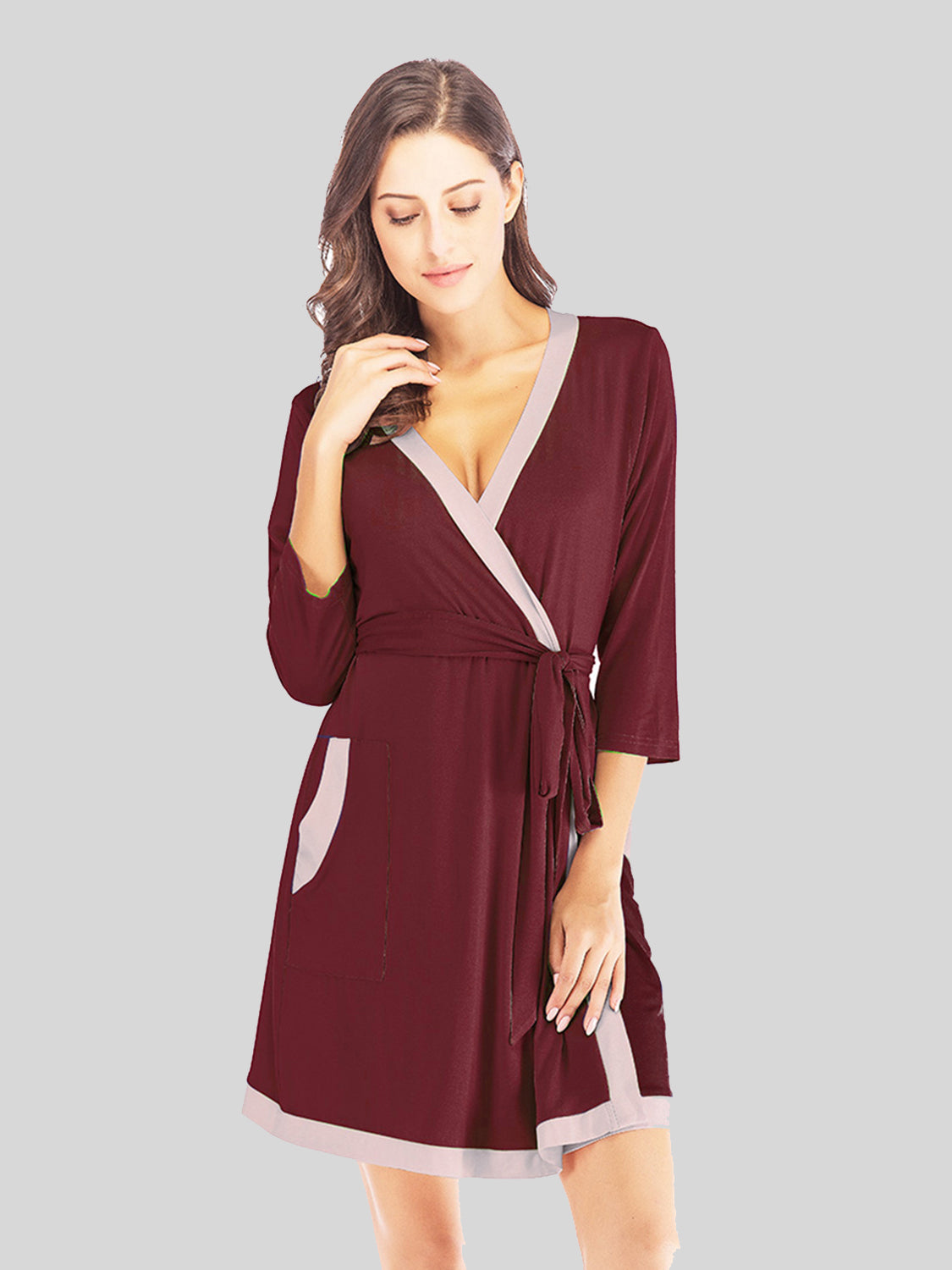 Tie Waist Surplice Neck Robe with Pockets Wine