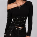 Studded One Shoulder Long Sleeve T-Shirt