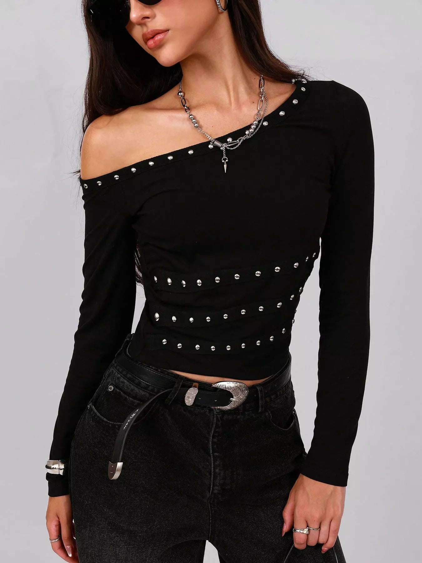 Studded One Shoulder Long Sleeve T-Shirt