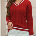 Classic Cable Knit V-Neck Sweater Red