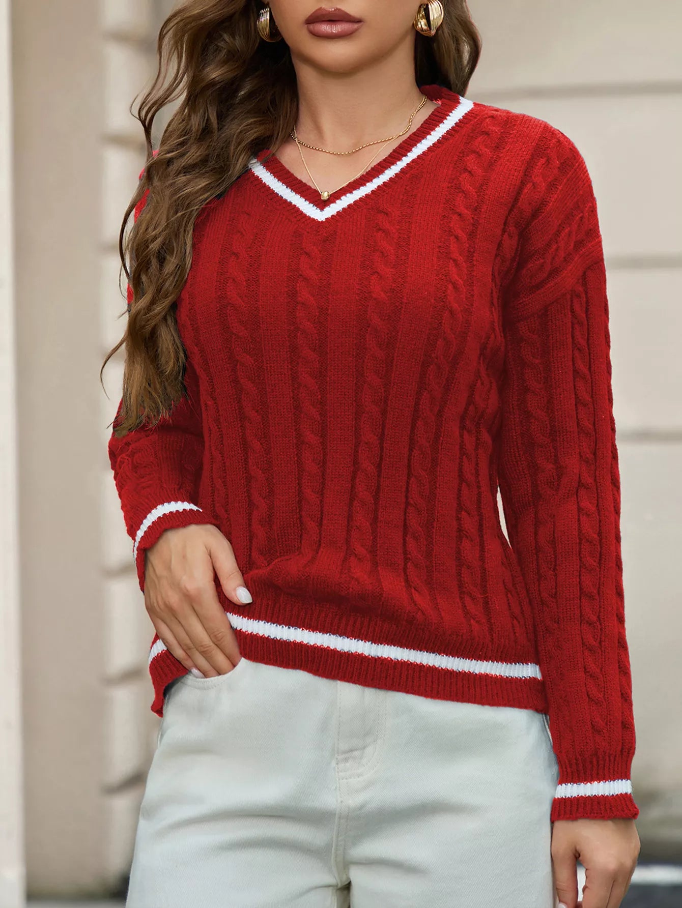 Classic Cable Knit V-Neck Sweater Red