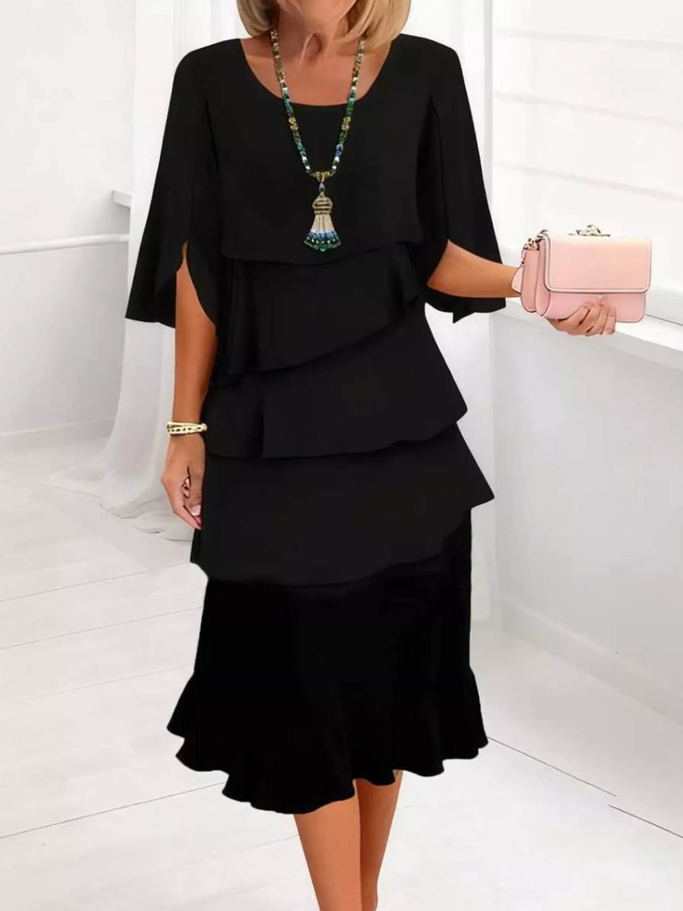 Full Size Ruffle Layered Flutter Sleeve Dress Plus Size Black