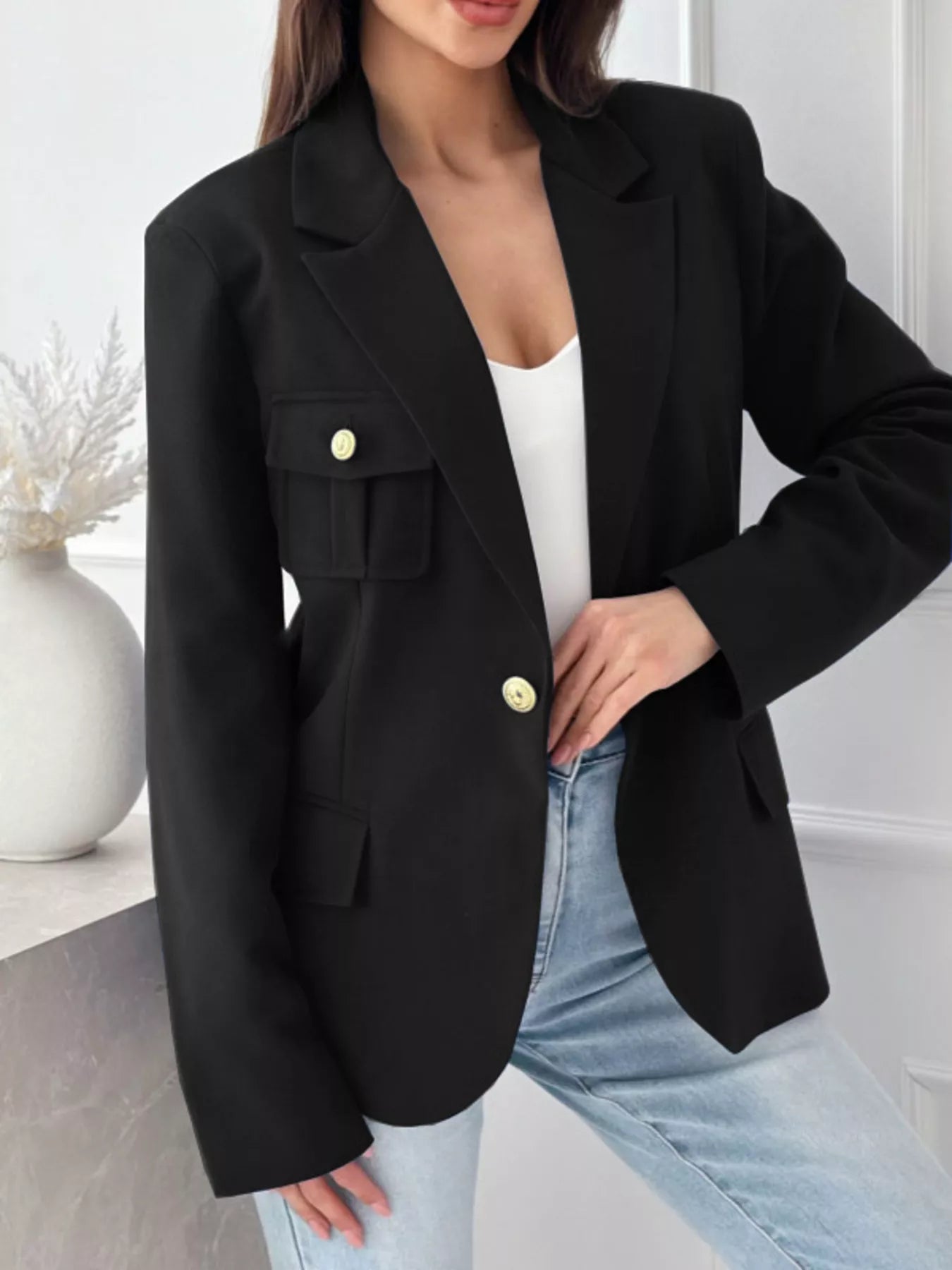 Lapel Collar One Button Blazer Black