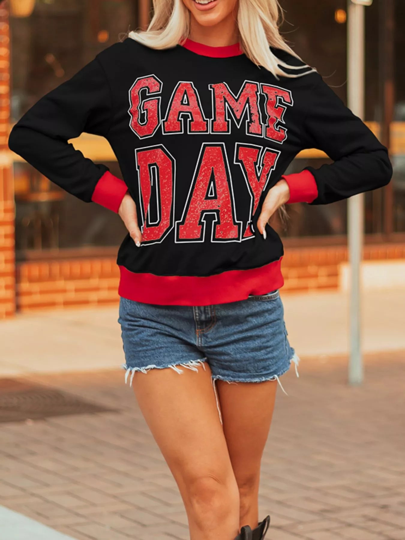 GAME DAY Letter Graphic Varsity Striped Detail Baggy Sweatshirt