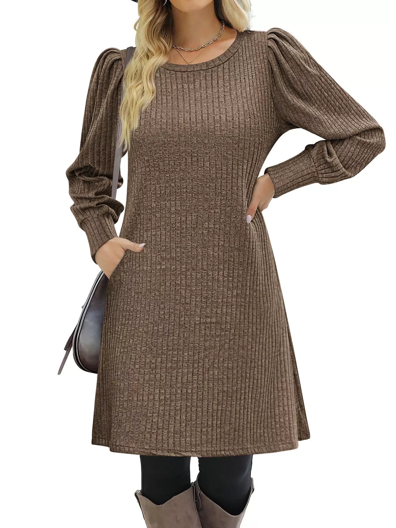 Ribbed Knit Puff Sleeve Casual Mini Dress