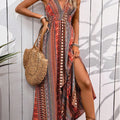 Tied Back Printed Sleeveless Maxi Slit Dress