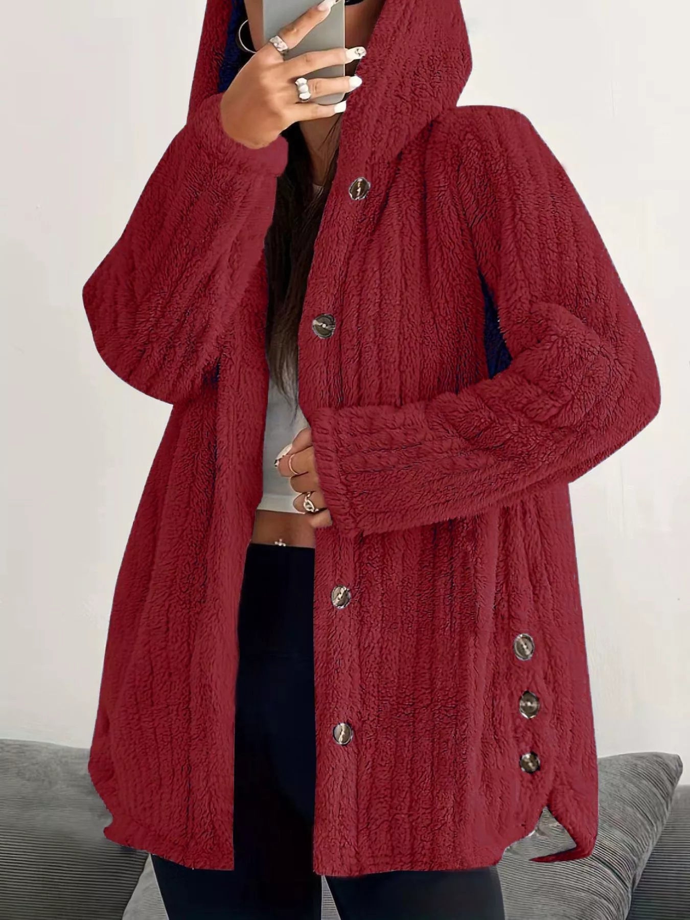 Full Size Fleece Button Up Hooded Outerwear Plus Size Red