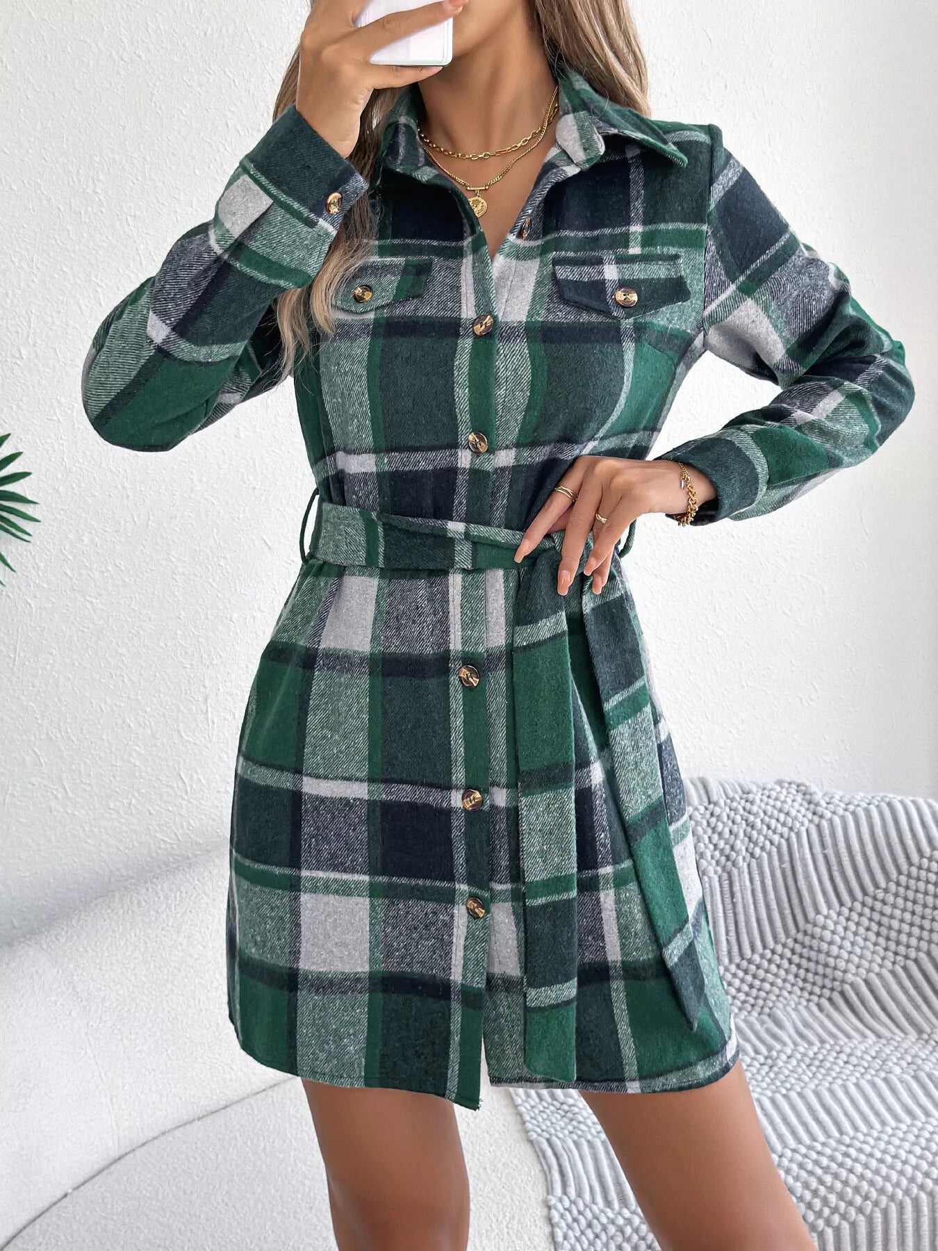 Plaid Button Front Tie Waist Shirt Dress