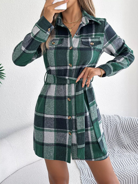 Plaid Button Front Tie Waist Shirt Dress