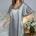 Satin Flutter Sleeve Side Slit V-Neck Night Dress Silver