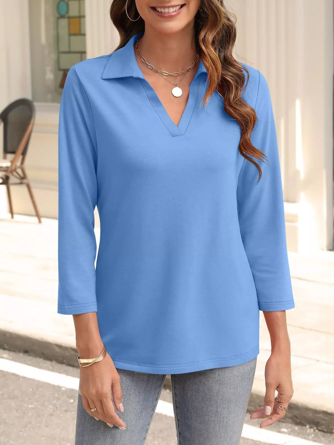 Johnny Collar Solid Color Top Sky Blue