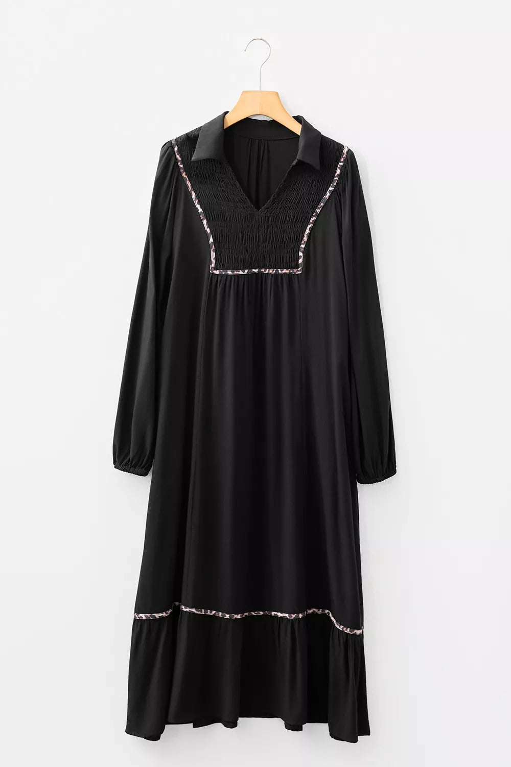 Collared V Neck Smocked Detail Contrast Leopard Trim Dress