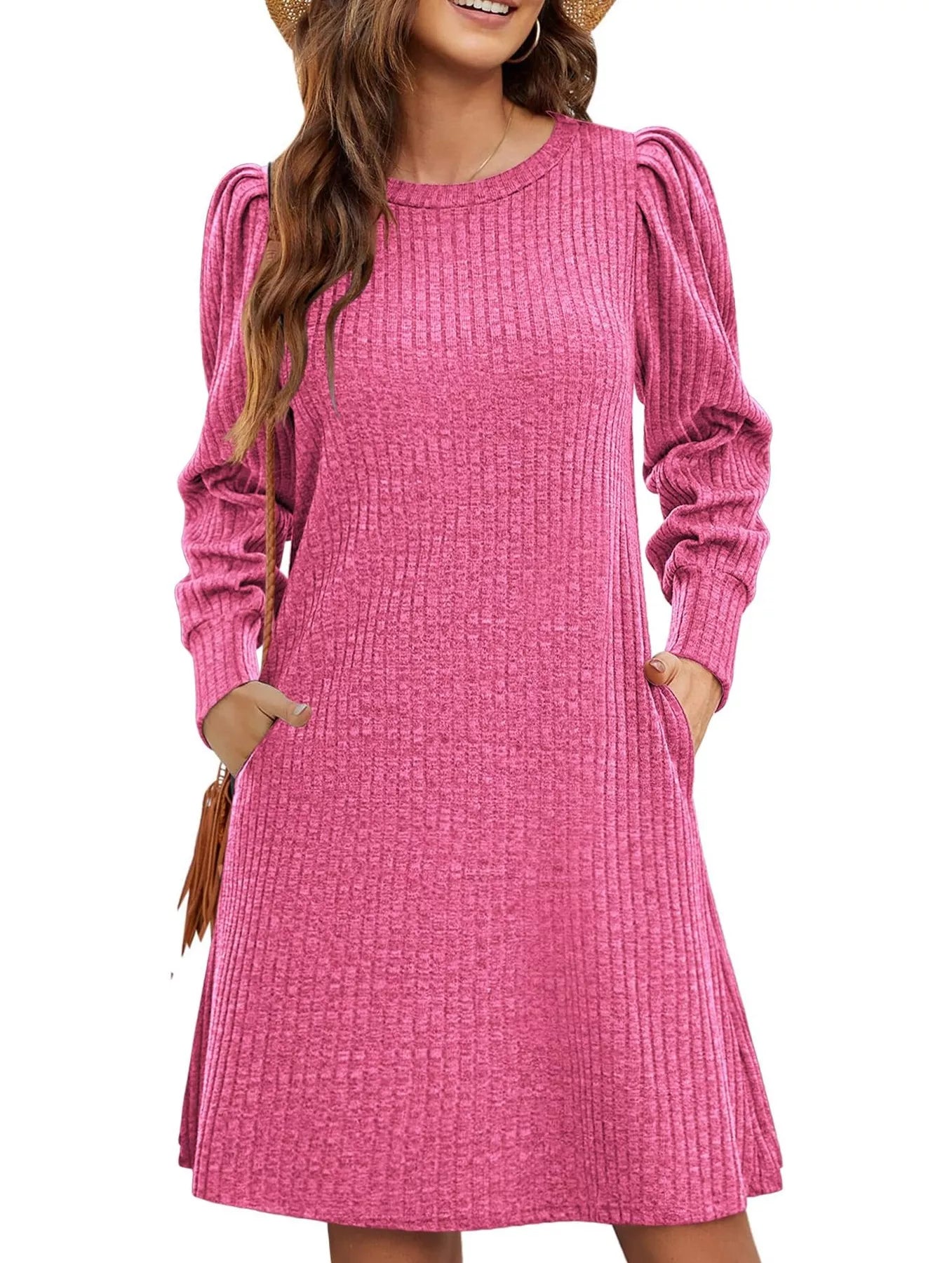 Ribbed Knit Puff Sleeve Casual Mini Dress