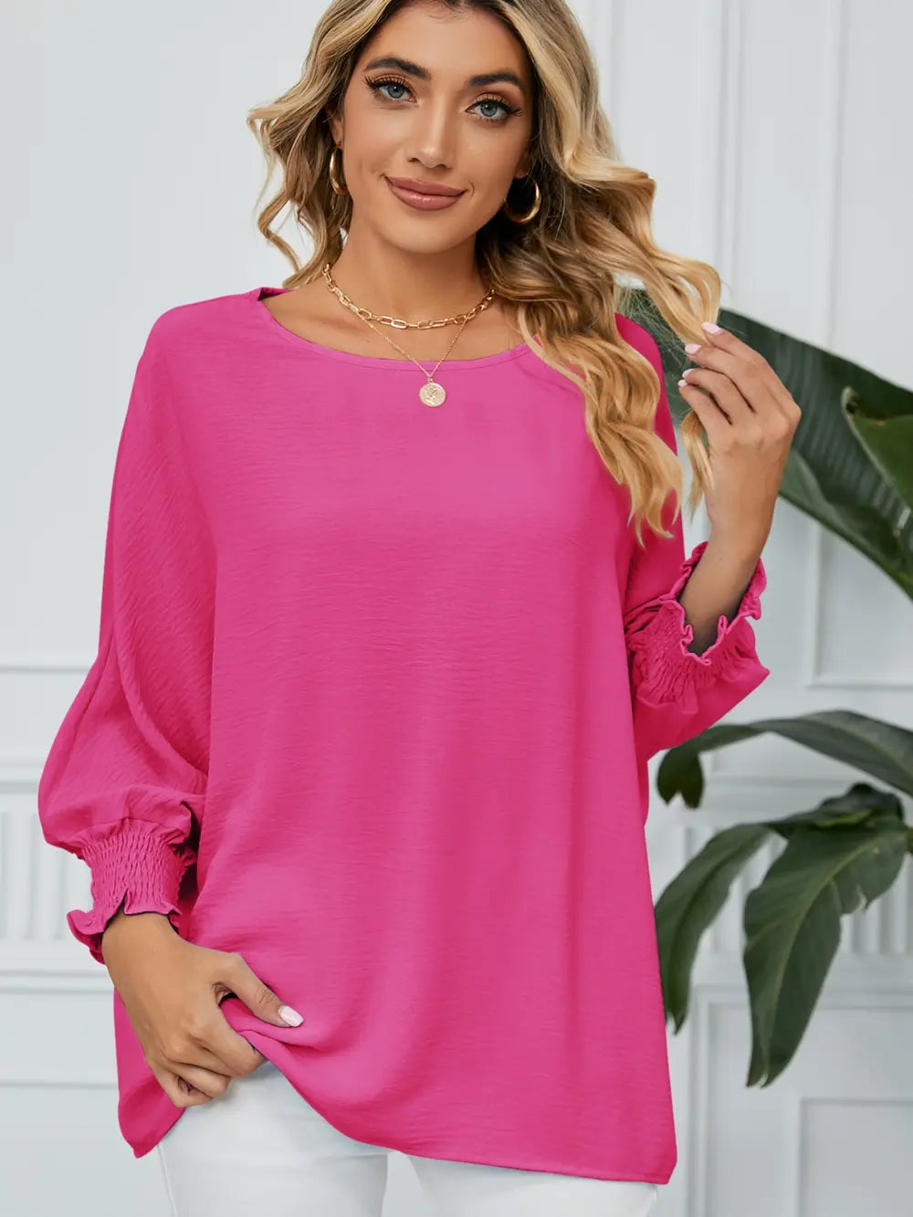 Smocked Lantern Sleeve Round Neck Blouse Hot Pink