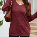 V-Neck Textured Knit Long Sleeve T-Shirt