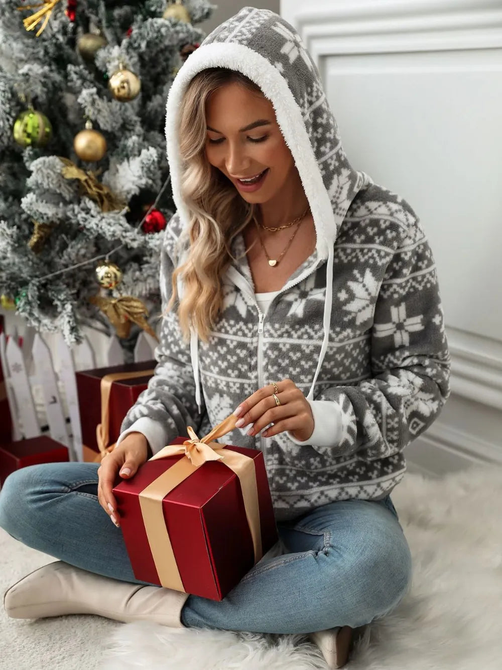 Drawstring Snowflake Zip Up Hooded Outerwear Gray
