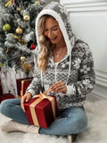 Drawstring Snowflake Zip Up Hooded Outerwear Gray