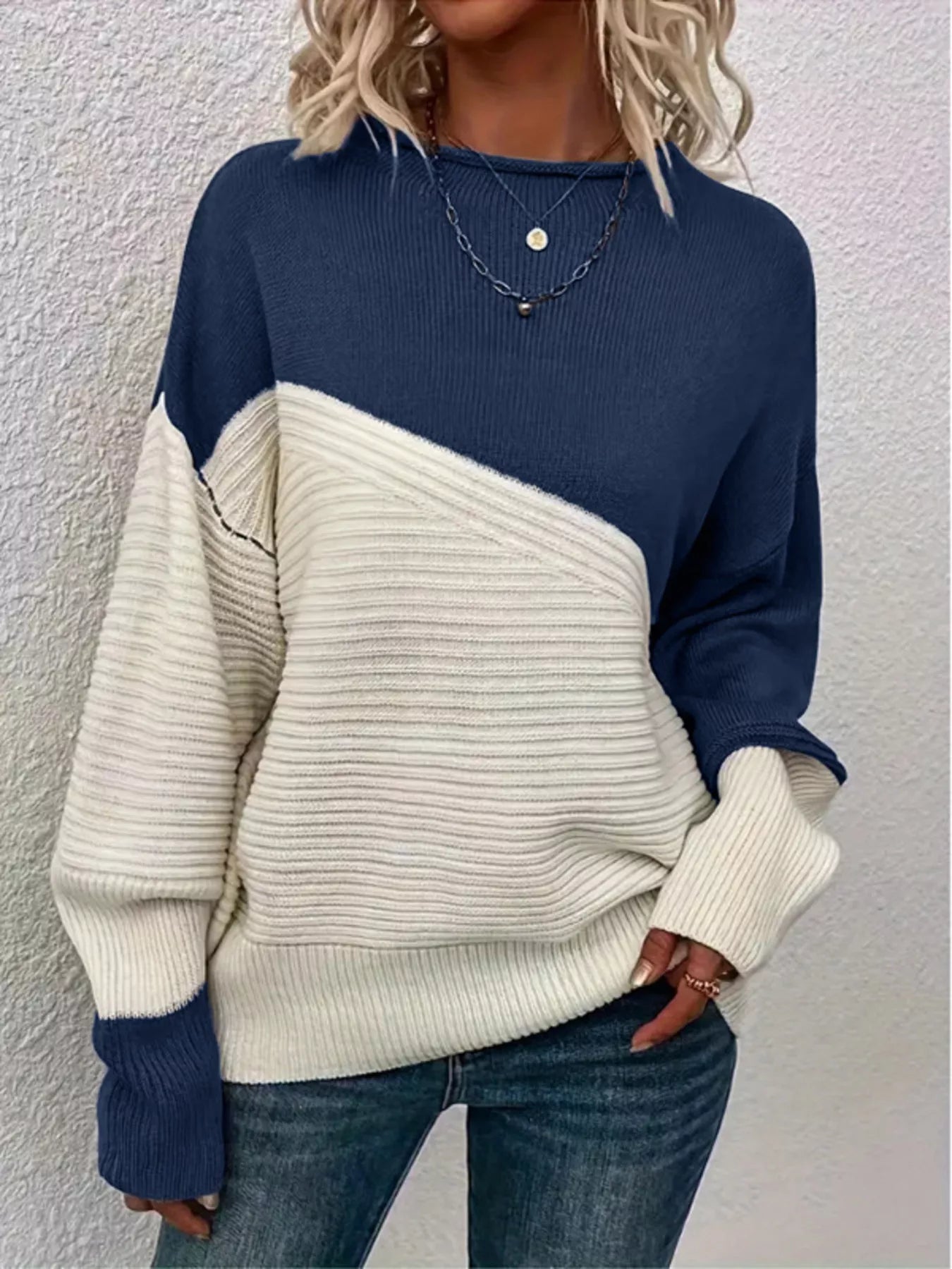 Color Block Ribbed Knit Sweater Navy Blue