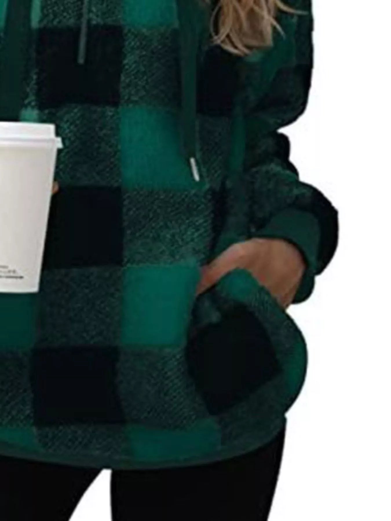 Full Size Plaid Sherpa Drawstring Hoodie Plus Size