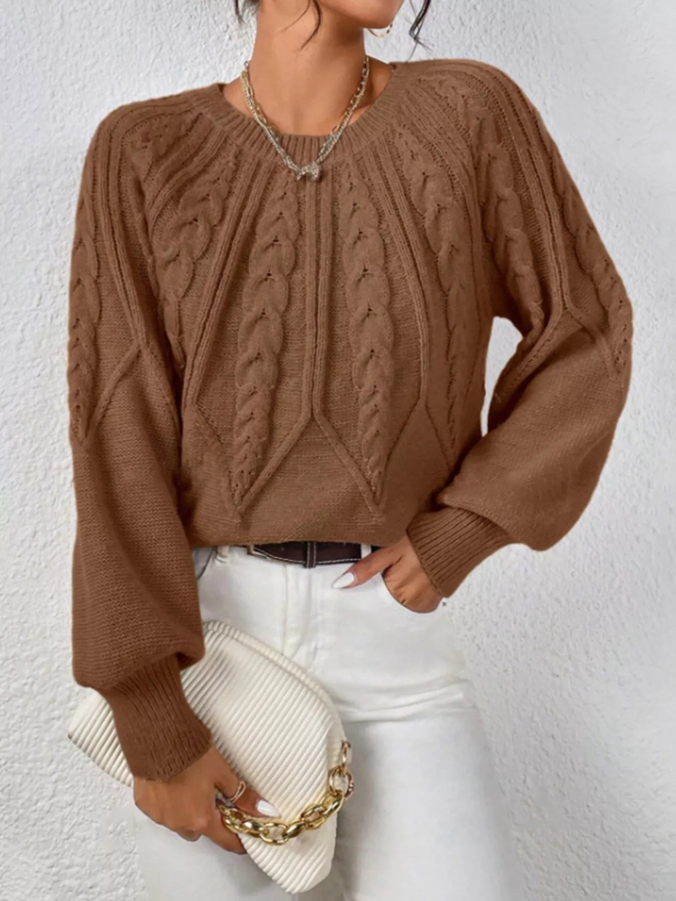 Cable Knit Long Sleeve Sweater Brown