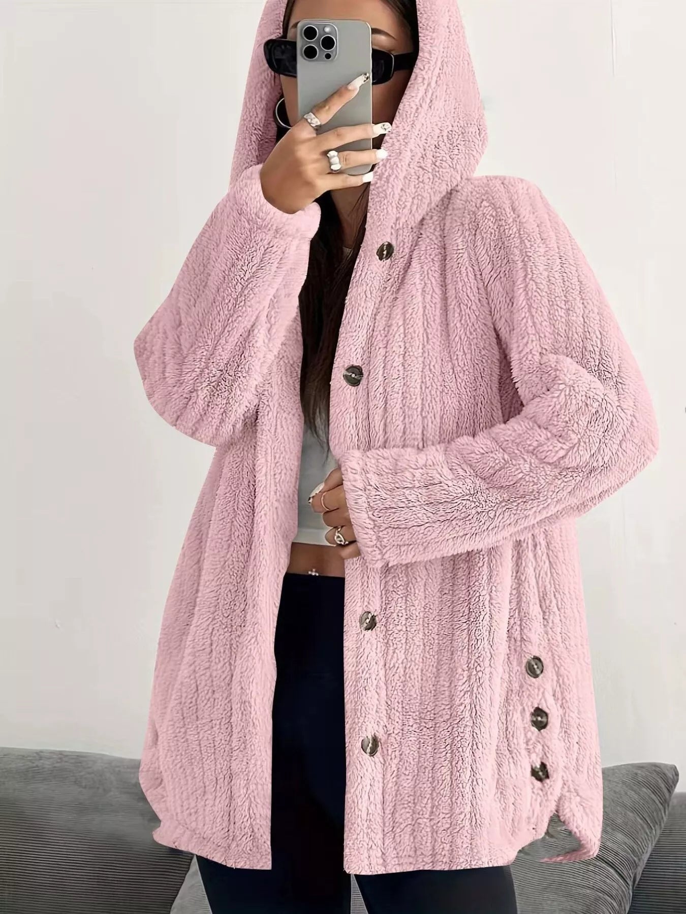 Full Size Fleece Button Up Hooded Outerwear Plus Size Pink