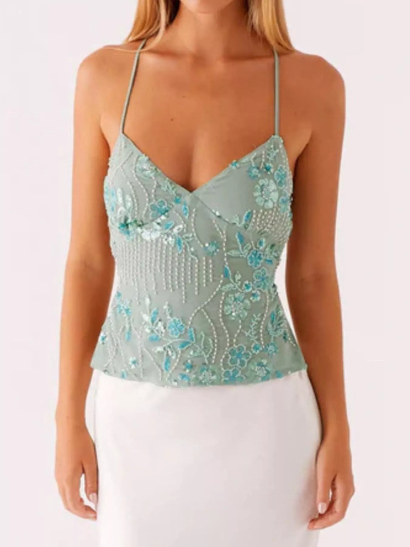 Embroidered Sequin Tie Back Cami