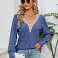 Lace Detail V-Neck Ribbed Blouse Cobalt Blue