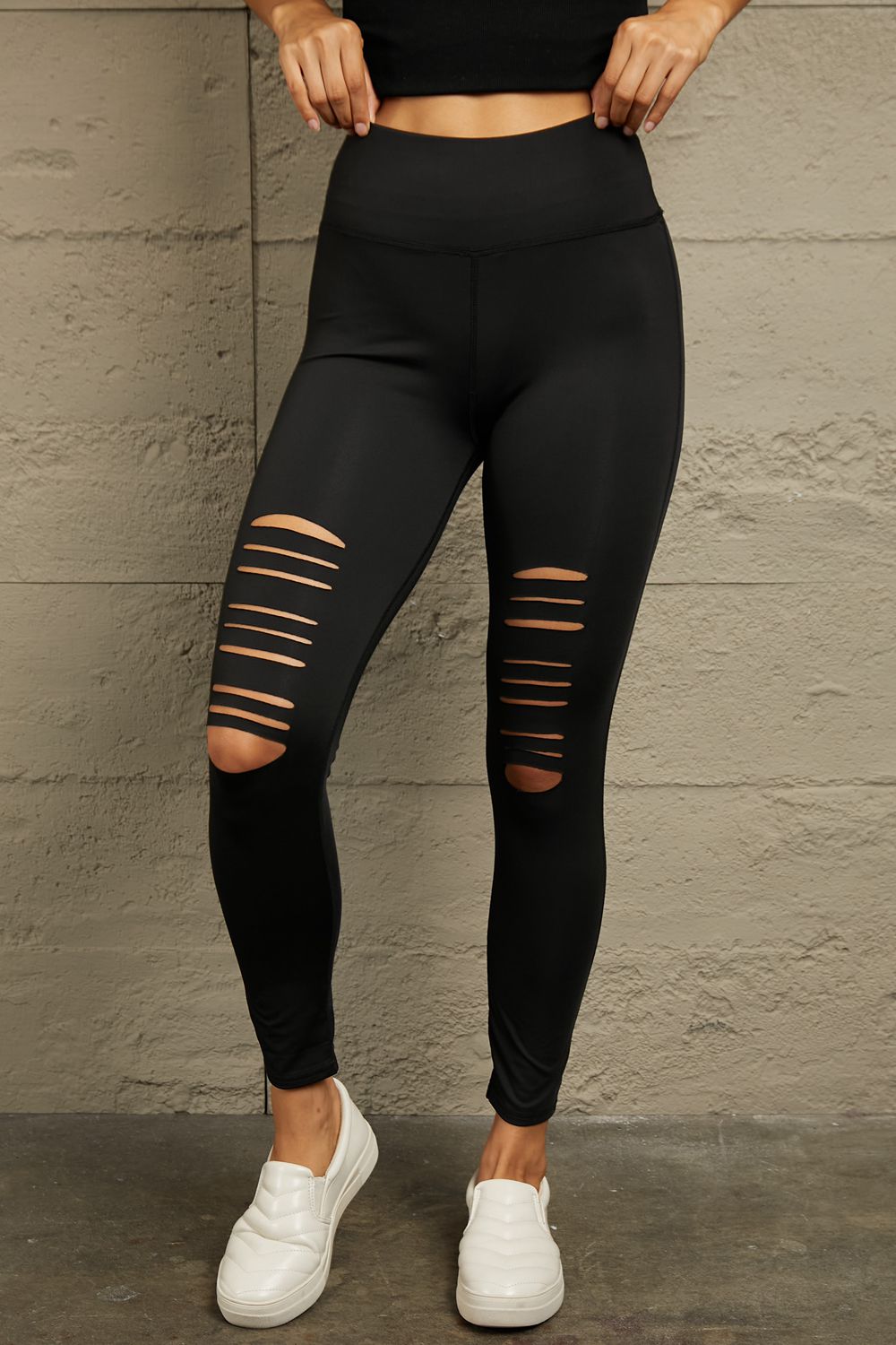 Wide Waistband Distressed Slim Fit Leggings Black