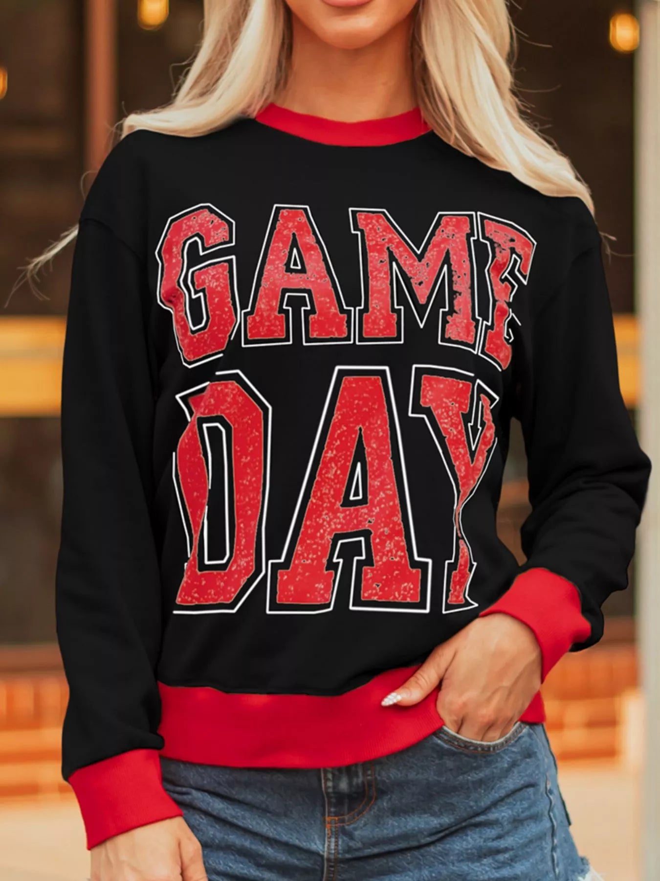 GAME DAY Letter Graphic Varsity Striped Detail Baggy Sweatshirt Black