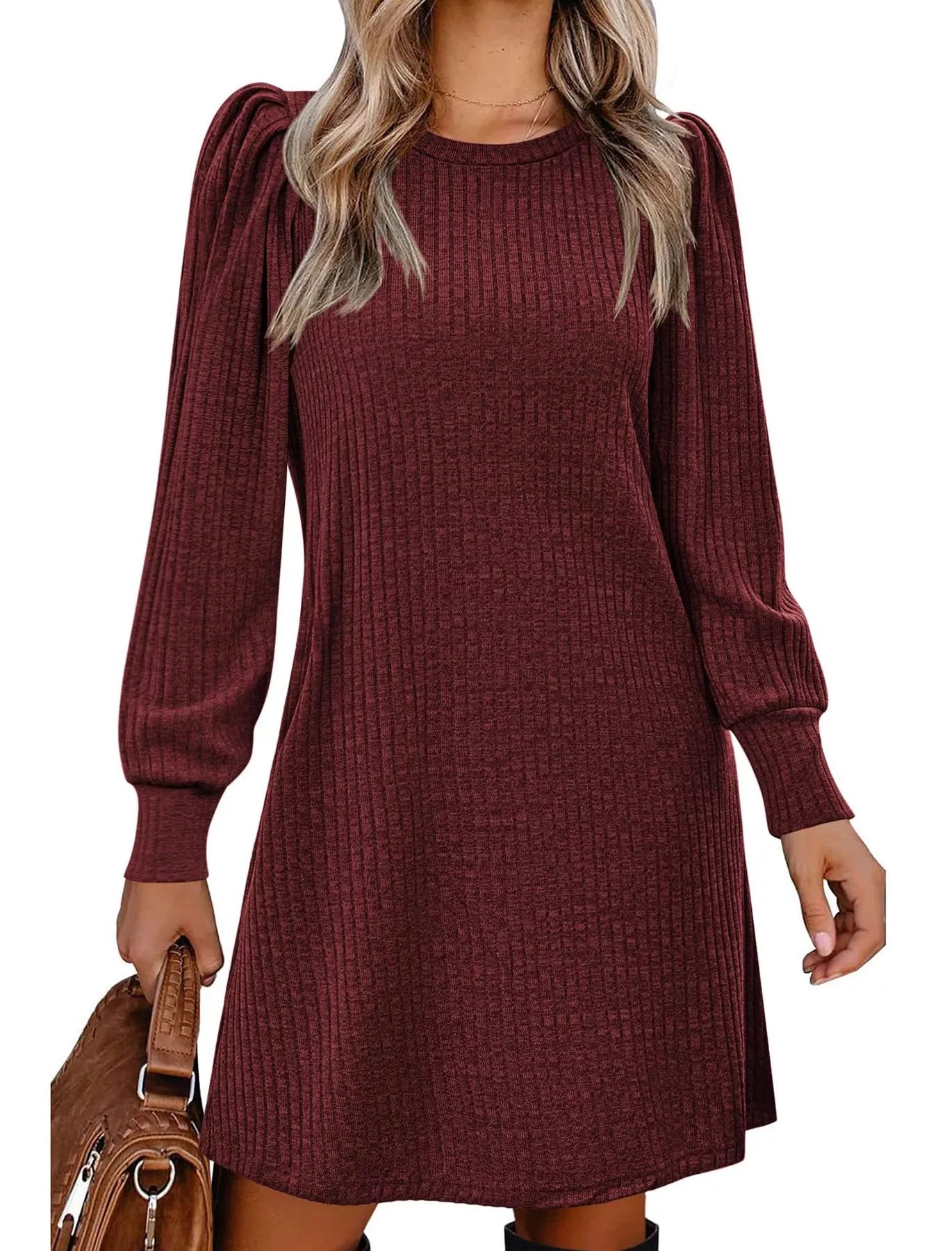 Ribbed Knit Puff Sleeve Casual Mini Dress