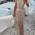 Sequin One-Shoulder Slit Maxi Dress