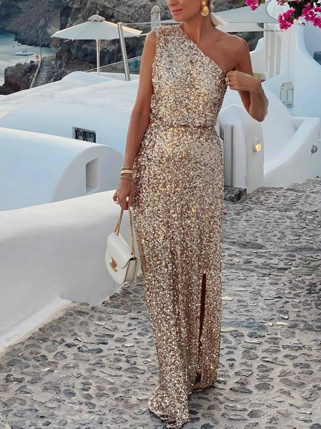 Sequin One-Shoulder Slit Maxi Dress