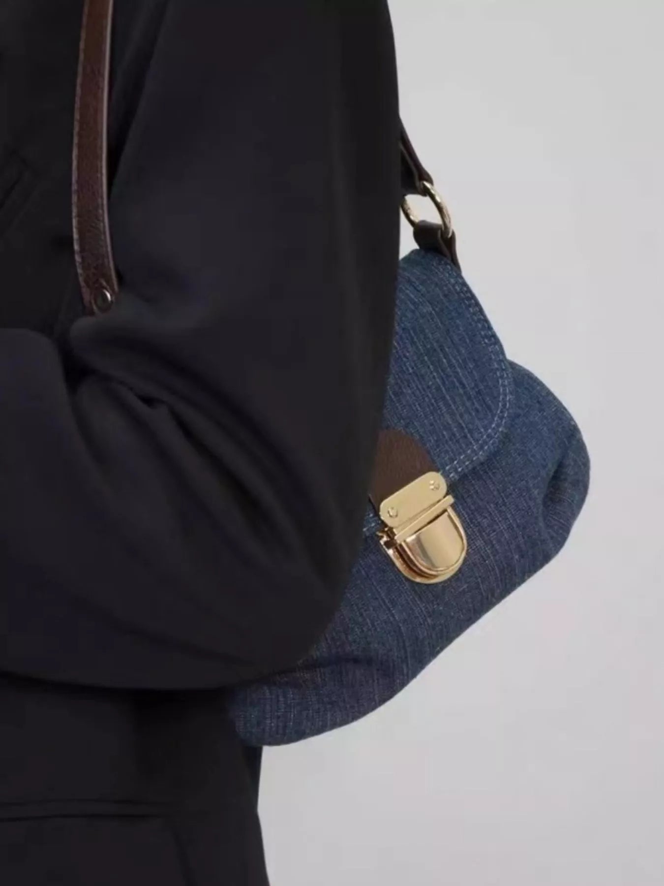 Denim Flap Shoulder Bag with Golden Clasp