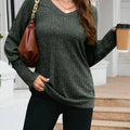 V-Neck Textured Knit Long Sleeve T-Shirt