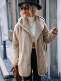 Open Front Ribbed Hooded Coat Sand