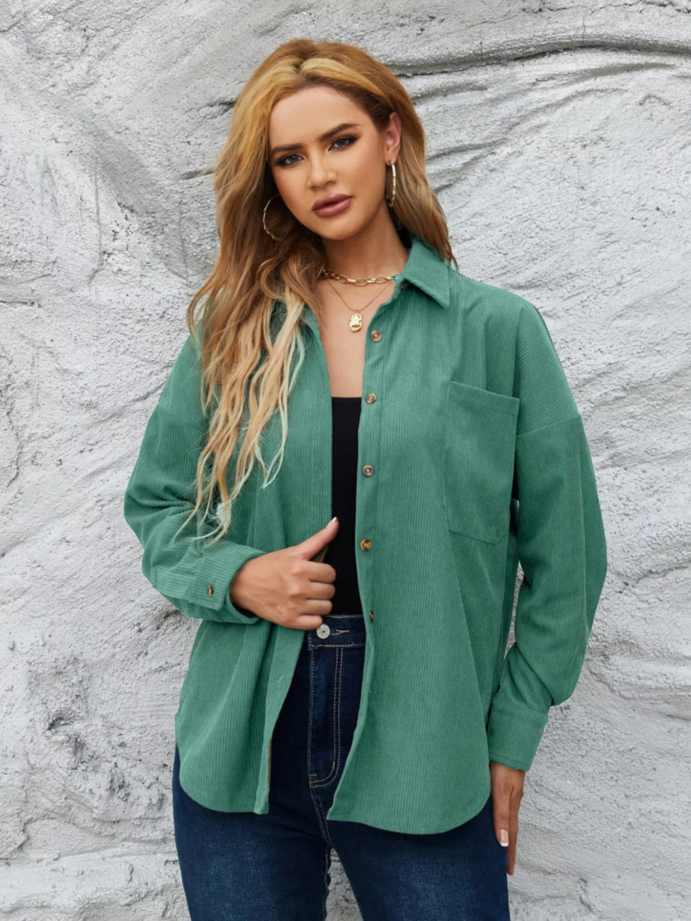 Corduroy Button-Up Shirt Peacock Green