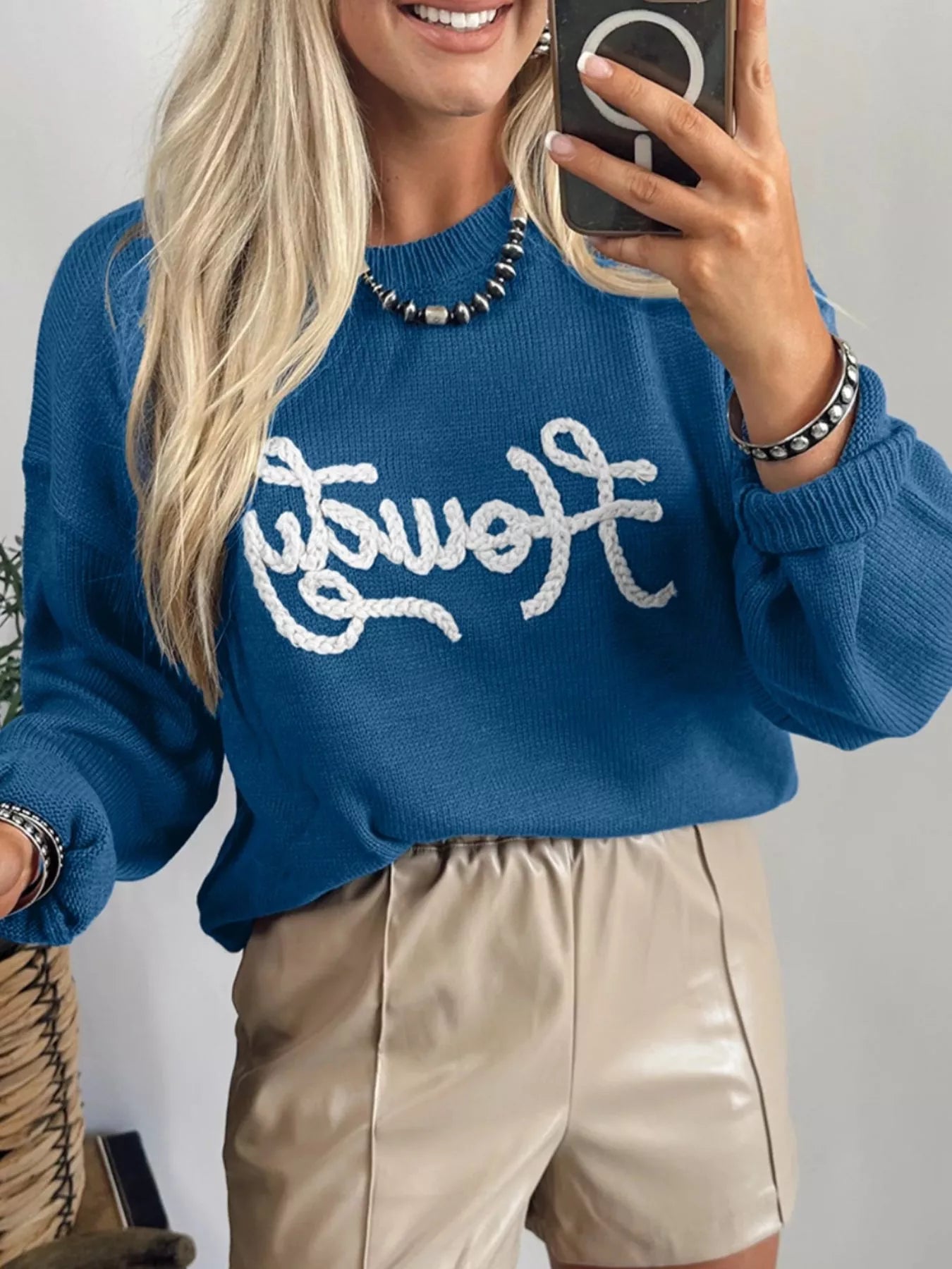 Howdy Embroidered Round Neck Sweater