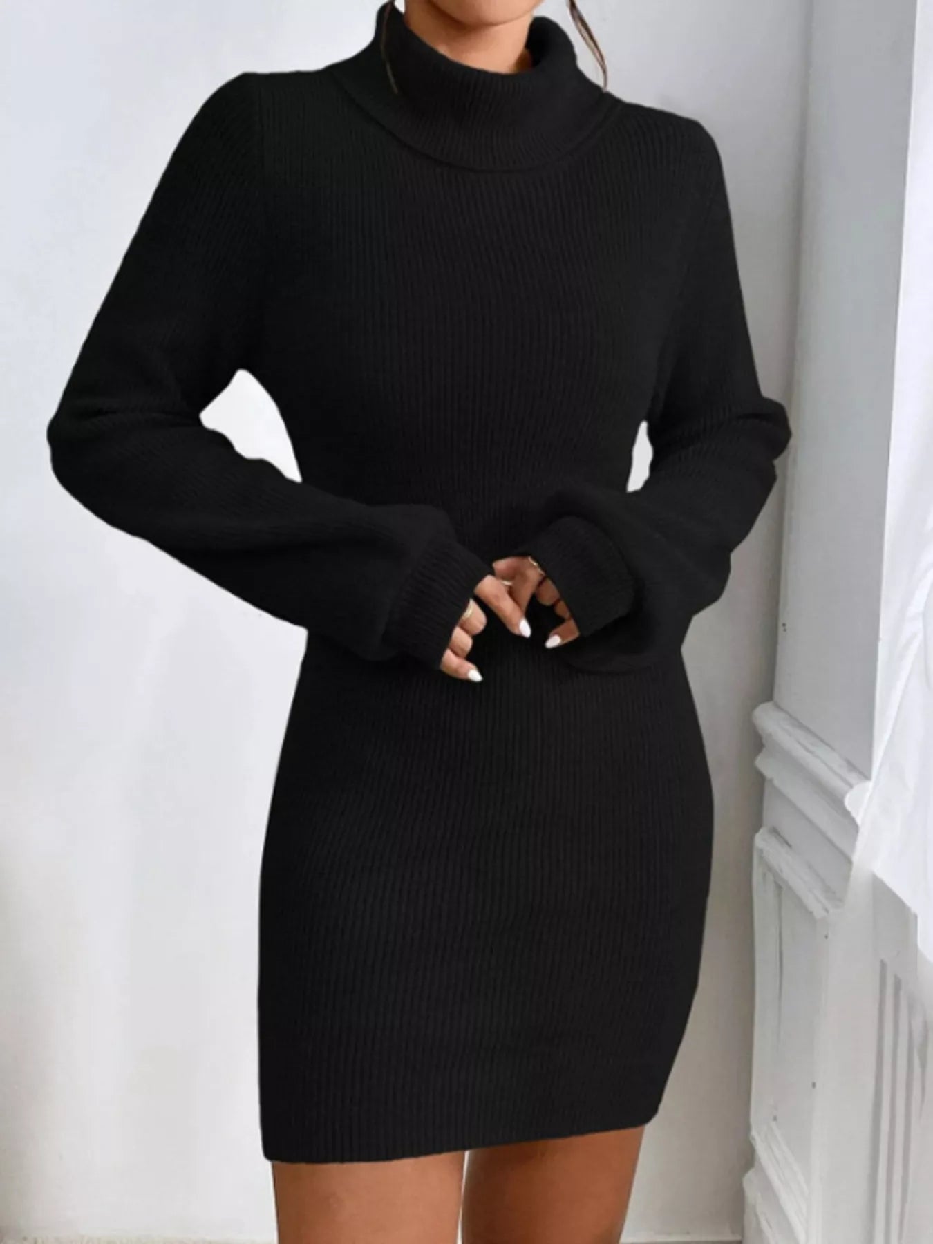 Turtleneck Ribbed Knit Sweater Dress