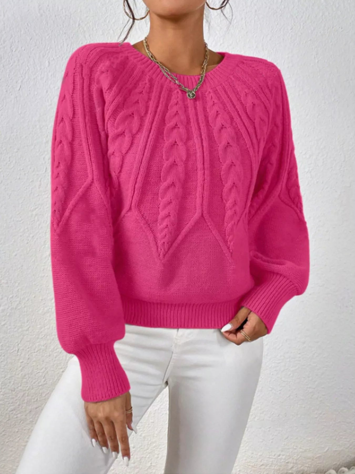 Cable Knit Long Sleeve Sweater Rose Red