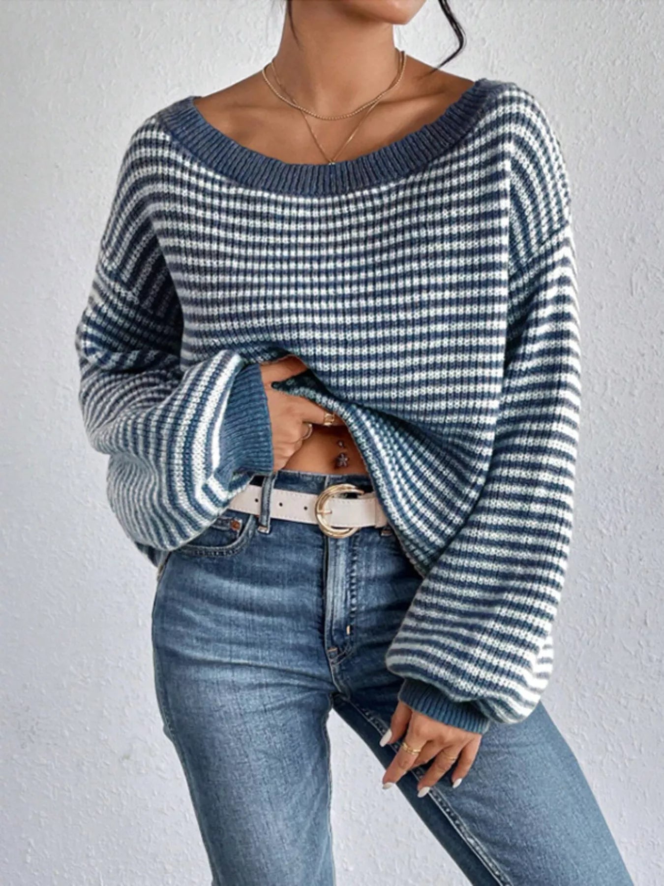 Striped Boat Neck Long Sleeve Sweater