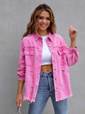 Distressed Drop Shoulder Denim Jacket Fuchsia Pink