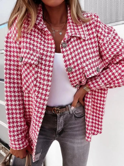 Houndstooth Button-Down Jacket Red