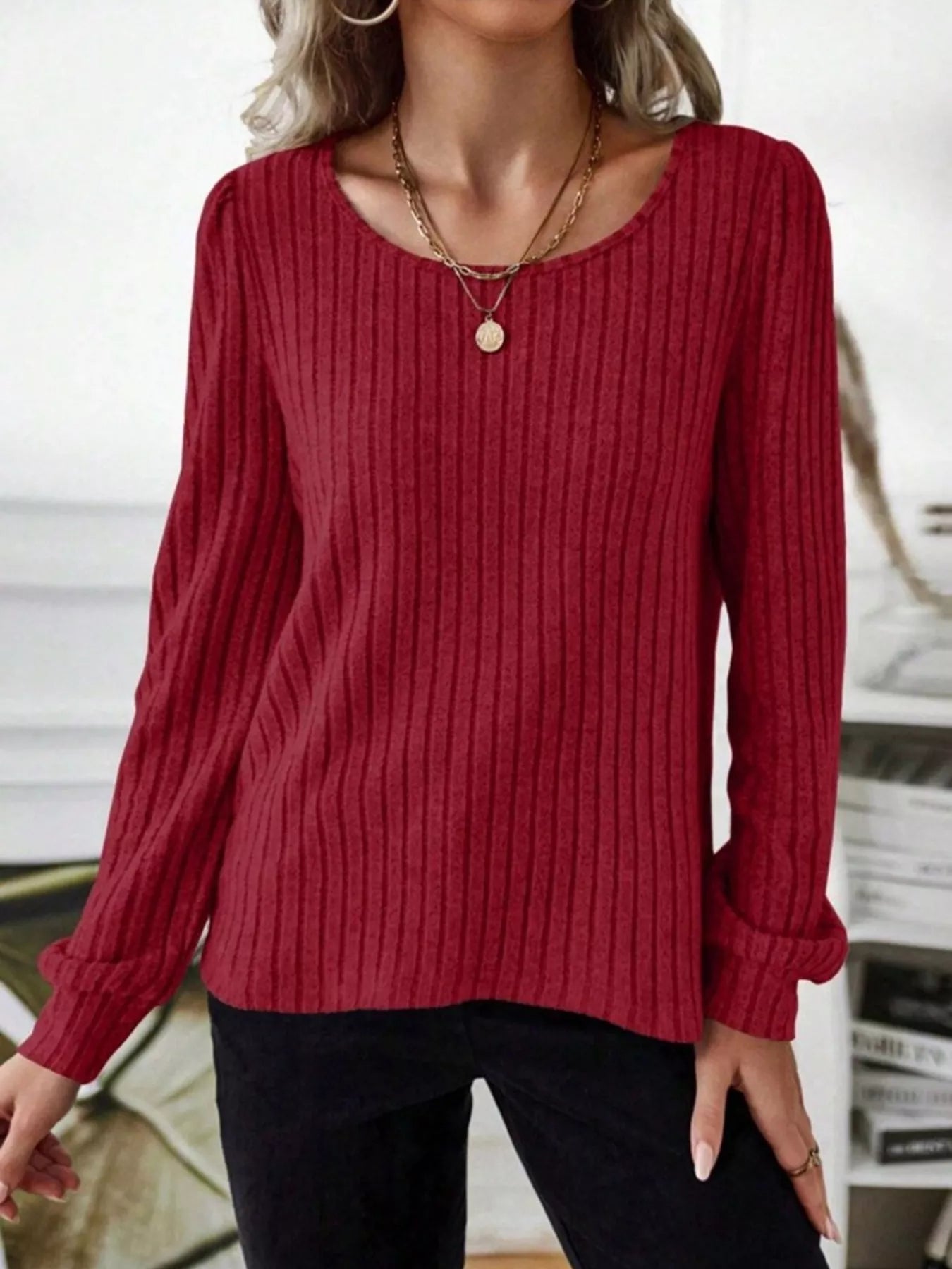 Ribbed Knit Long Sleeve T-Shirt