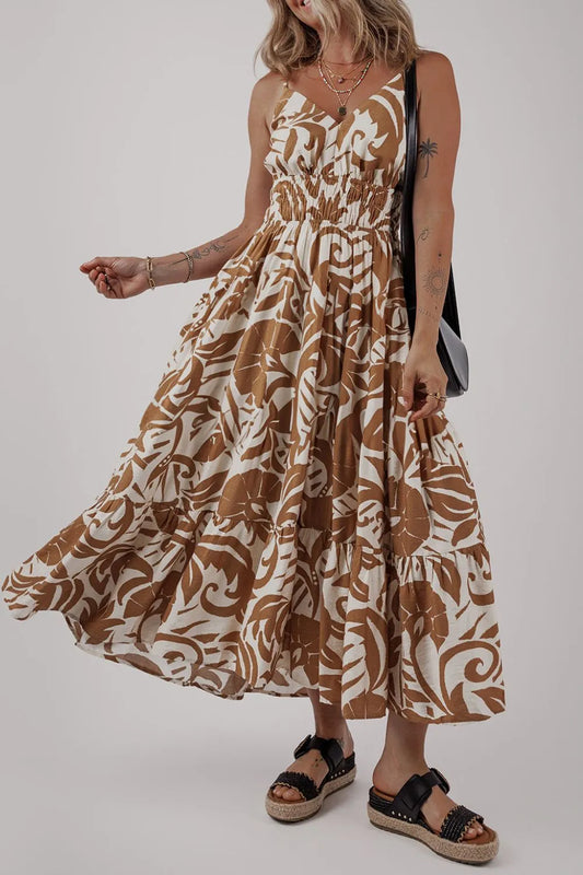 Floral Shirred High Waist Spaghetti Straps Dress